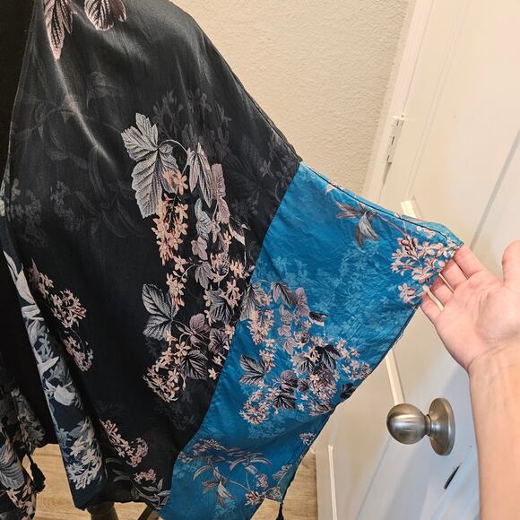 Kachel Anthropologie Jamie Kimono One Size Blue Floral Tassel Boho Resort Duster - Picture 5 of 14